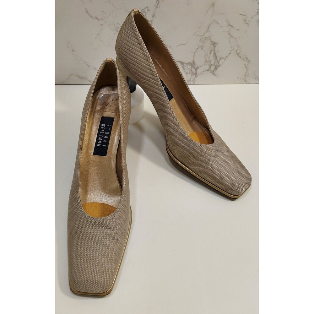 Vintage Retro Stuart Weitzman Beige Gold Block Toe Heels Women's 10 90's